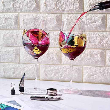 Painted STEMMED wine glass box set - opener, stopper, drip ring, wine pourer - 2 glasses