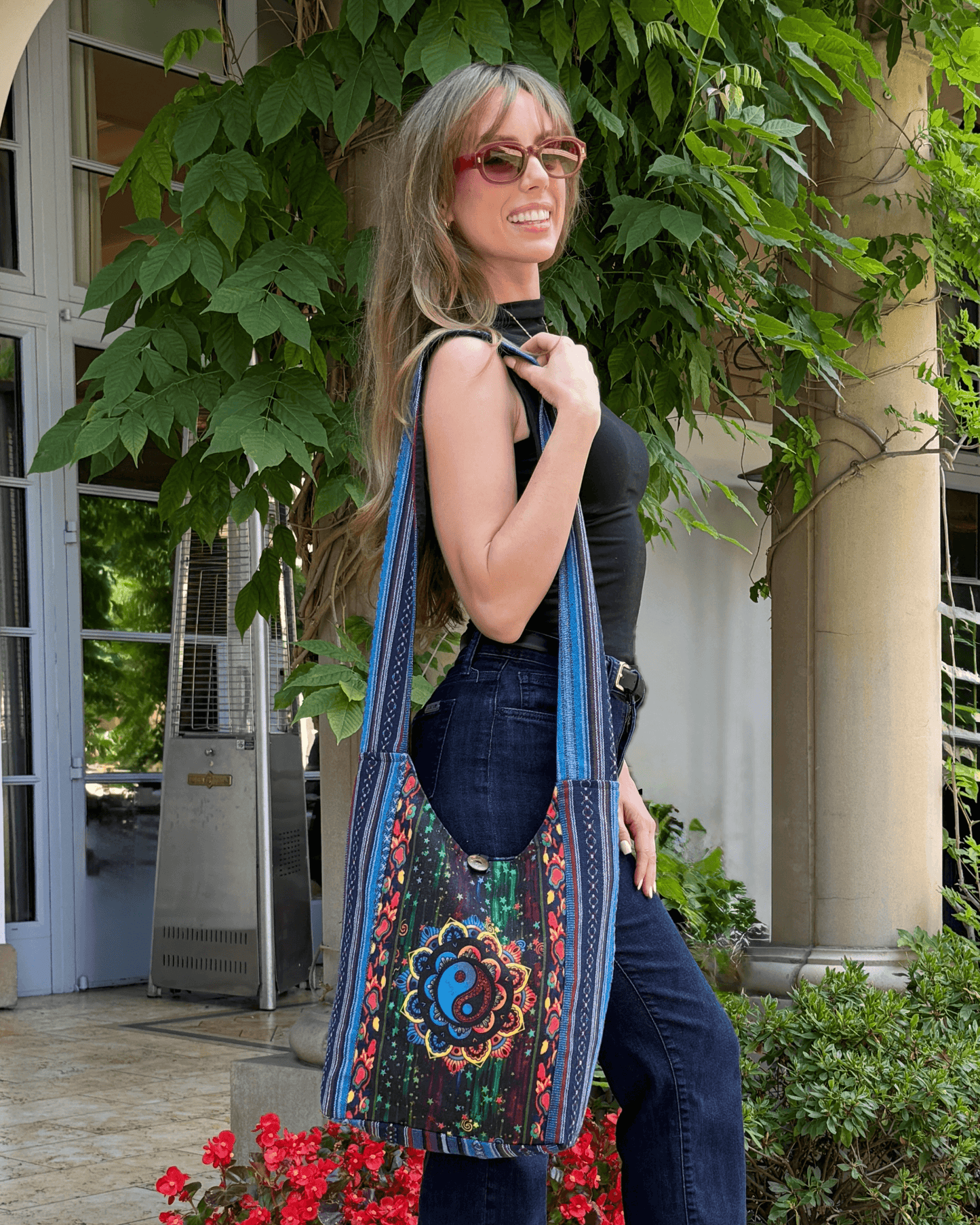 Kathmandu Yin Yang Print Hobo Bag Handmade Cotton Crossbody - Rosetta Creative Boutique