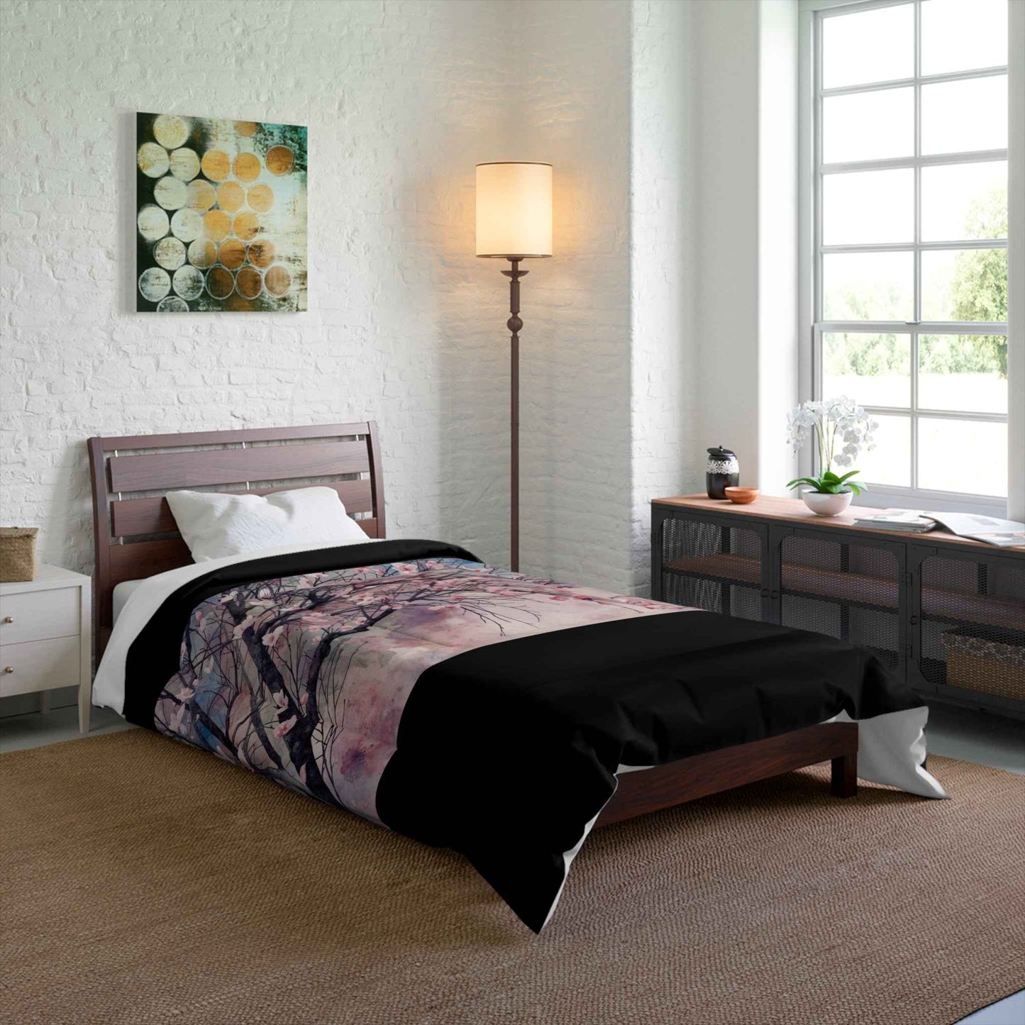 Cherry Blossom Comforter Set Lightweight Pink Watercolor Tree Bedding Microfiber