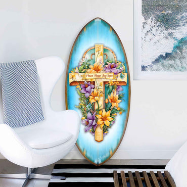 Christian Coastal Wall Decor - Peace Hope Joy Love Cross Surfboard Wall Art – Handcrafted Religious Decor by G.DeBrekht – 8490156HS