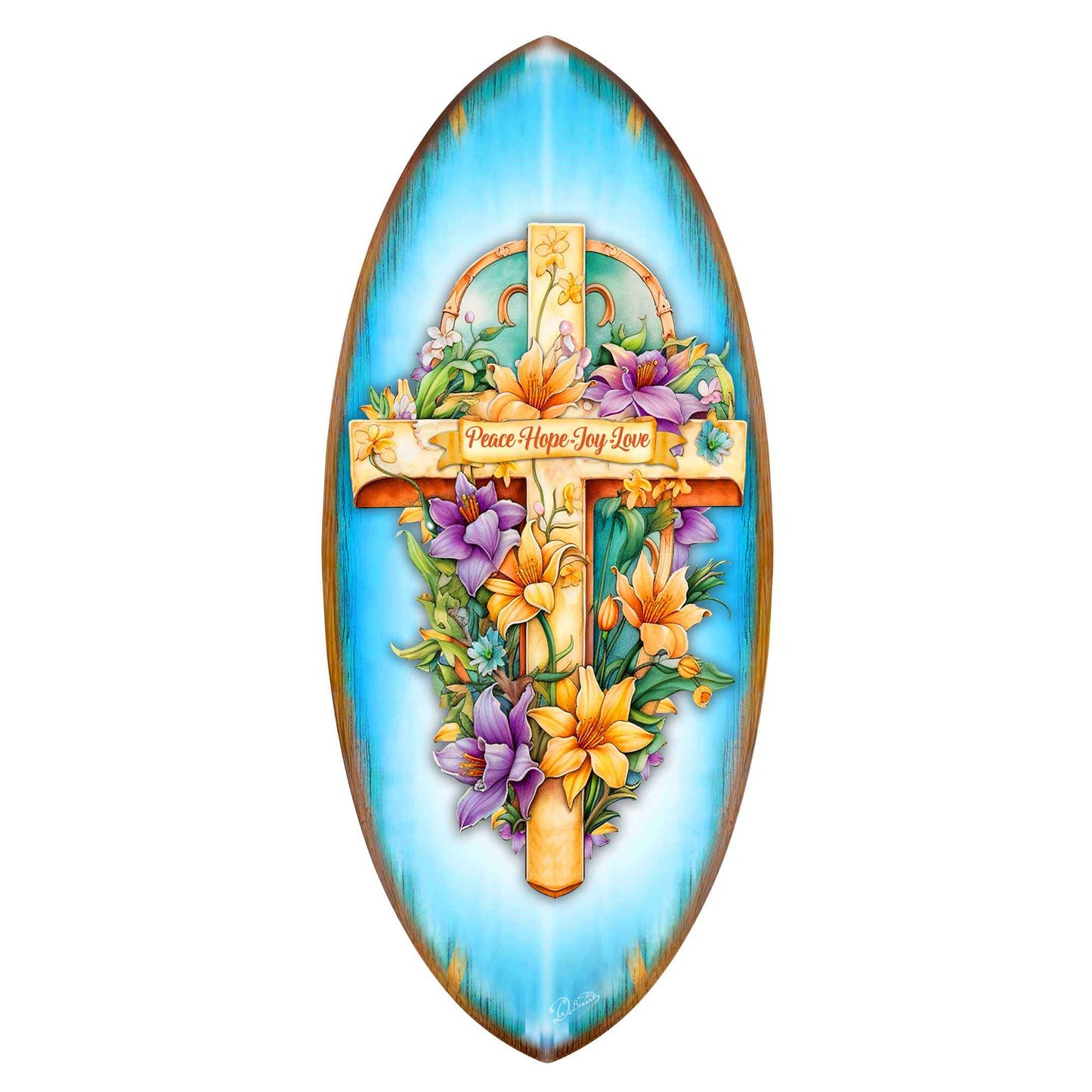 Christian Coastal Wall Decor - Peace Hope Joy Love Cross Surfboard Wall Art – Handcrafted Religious Decor by G.DeBrekht – 8490156HS
