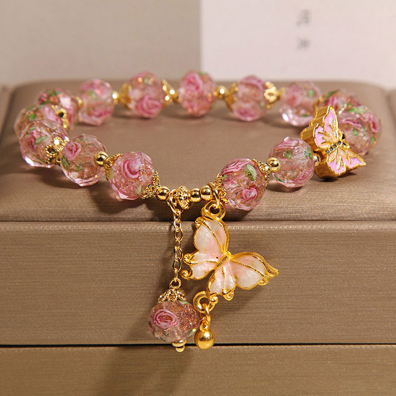 Japanese Korean Rose Garden Bracelet With Flower Glaze Butterflies