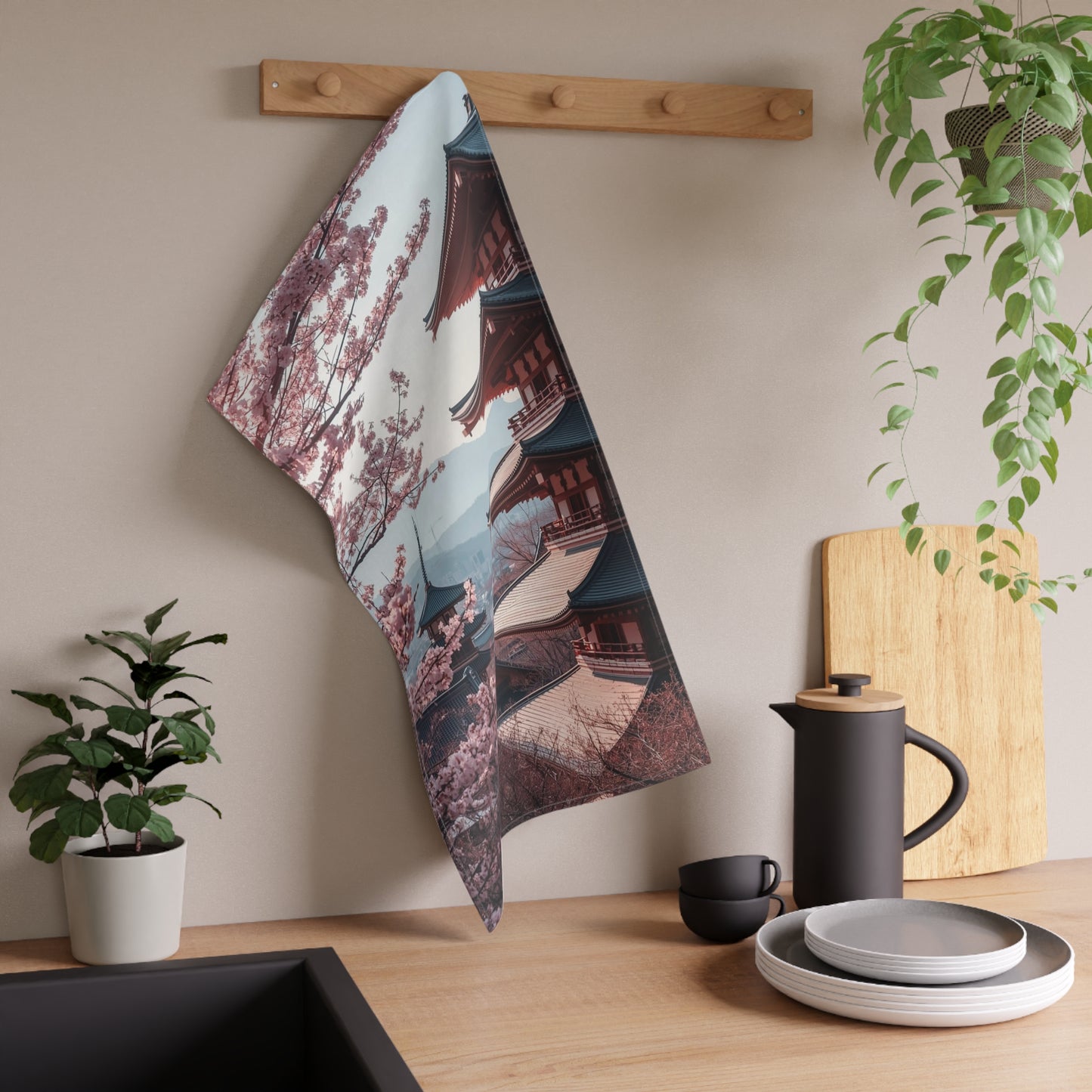 Japanese Cherry Blossom Pagoda Tea Towels, Floral Kitchen Decor, Gift for Tea Lovers, Spring Home Accessories, Unique Housewarming Present