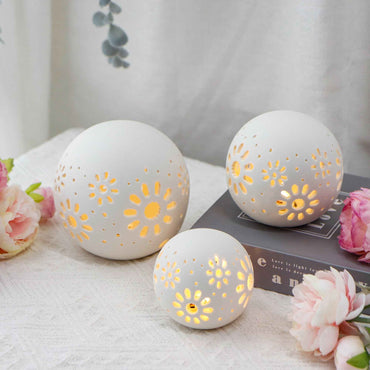 Set of 3 Ceramic Decorative Lamp Floral Carved Cordless Lamp