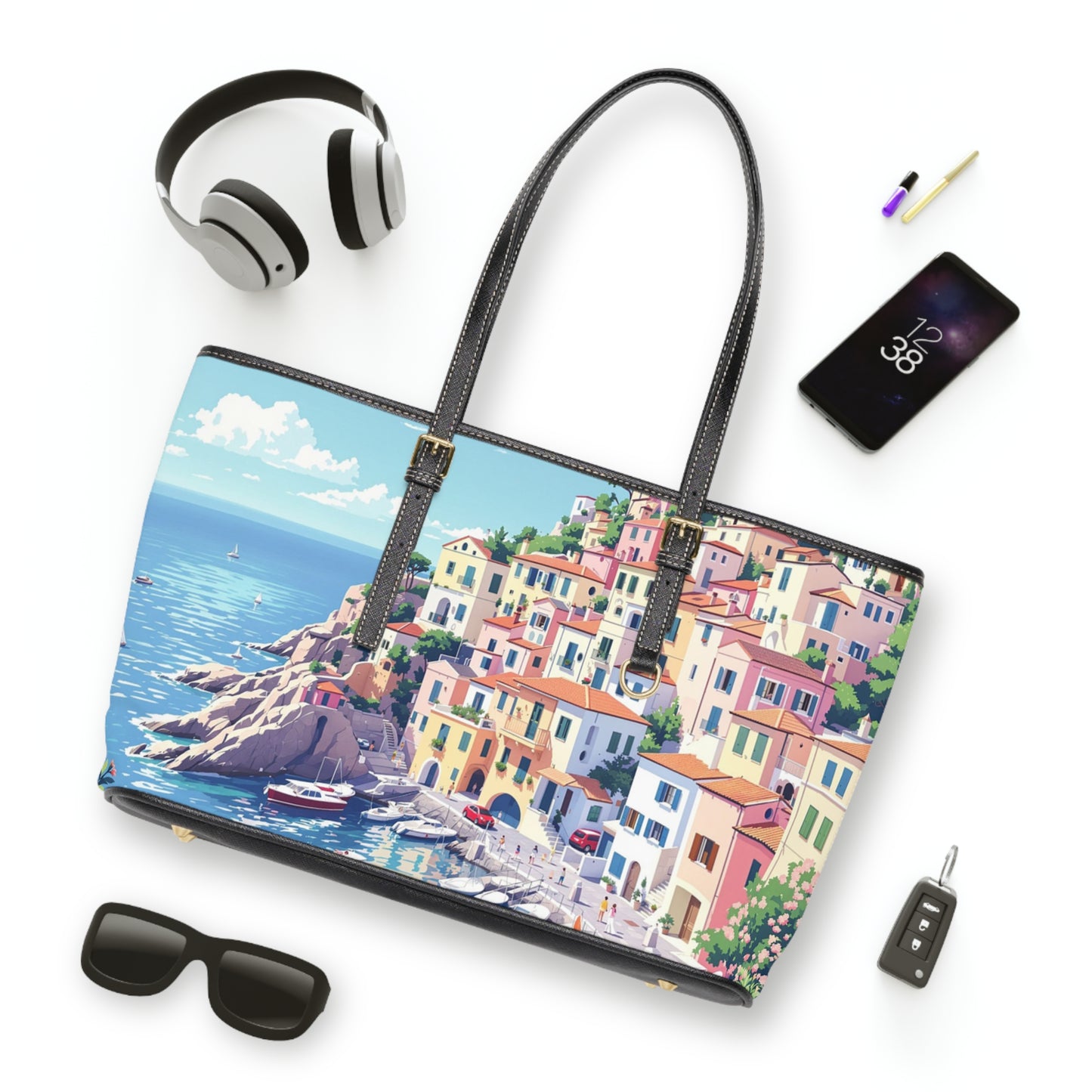 Vibrant Italian Coastal Art Tote Bag - Stylish PU Leather Shoulder Bag - Rosetta Creative Boutique