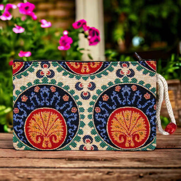 Authentic Kilim Fabric Colorful Modern Ottoman Tile Design Zipper Clutch Purse, Turkish Carpet, Pouch, Coin Purse, Wallet, Small Storage