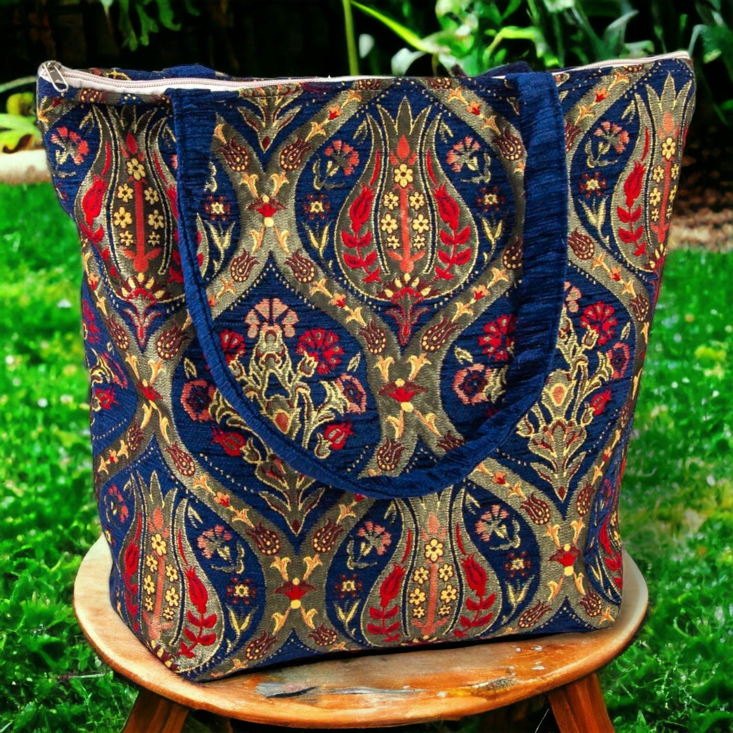 Authentic Kilim Ottoman Purse With Handles Blue Gold Red - Rosetta Creative Boutique