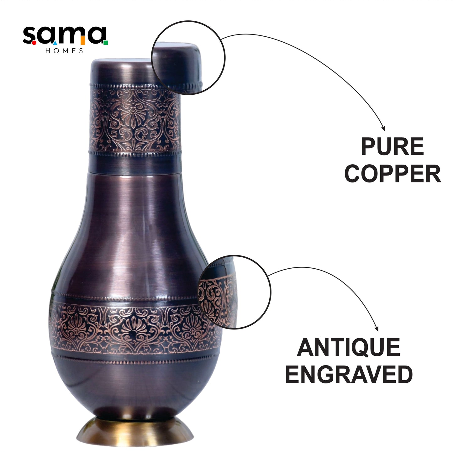 Pure Copper Antique Surahi with Inbuilt Glass 1000 ML Modern Design - Rosetta Creative Boutique