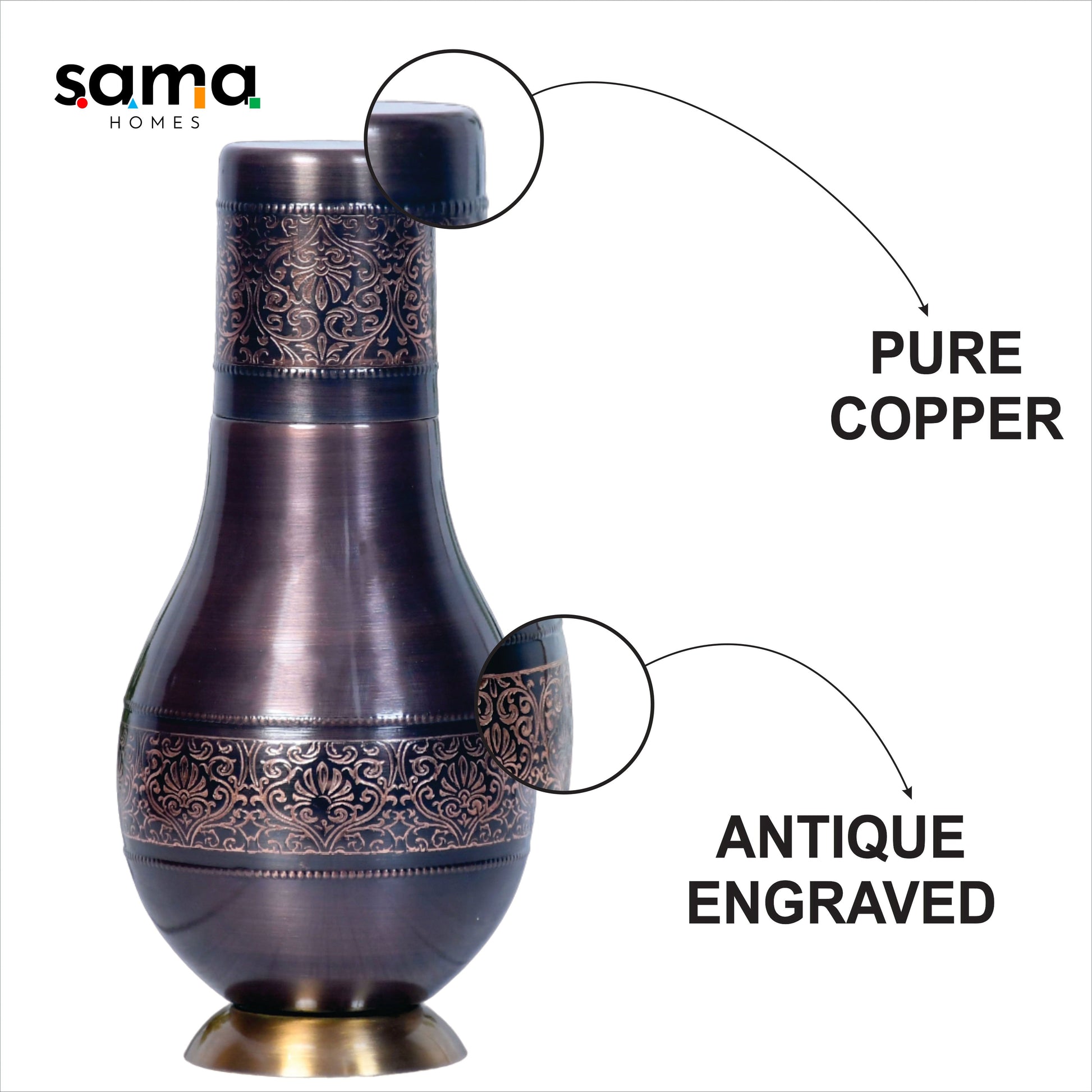 Pure Copper Antique Surahi with Inbuilt Glass 1000 ML Modern Design - Rosetta Creative Boutique