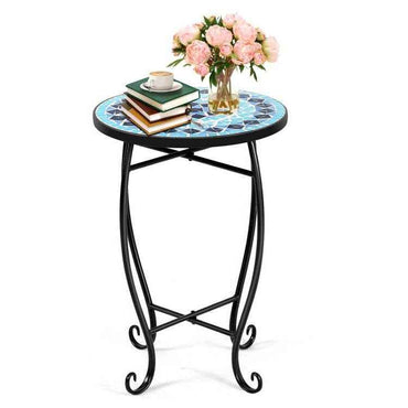 Indoor Outdoor Blue Mosaic Round Side Accent Table Plant Stand
