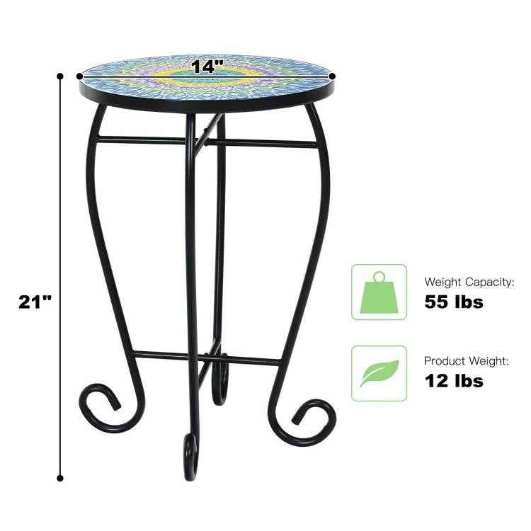 Indoor Outdoor Blue Mosaic Round Side Accent Table Plant Stand