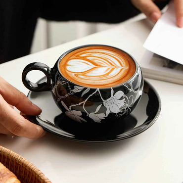 Peony Porcelain Coffee Cup & Saucer Set — Elegance in Black and White