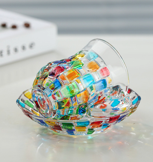 Retro Hand-Painted Colored Glass Cup with Handle & Saucer – Coffee & Tea Mug-4