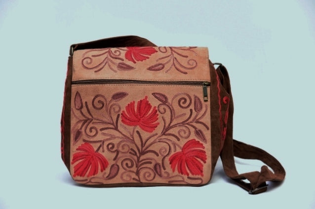 Handmade Beige and Red Suede Embroidered Messenger Bag - Rosetta Creative Boutique