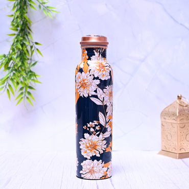 Pure Copper White Lily Blue Design 1000 ML Leak Proof Water Bottle - Rosetta Creative Boutique