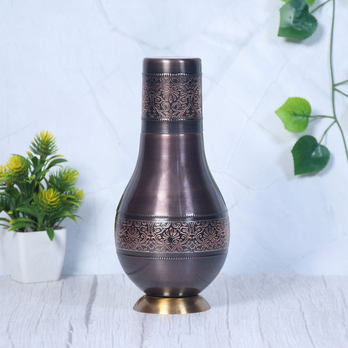 Pure Copper Antique Surahi with Inbuilt Glass 1000 ML Modern Design - Rosetta Creative Boutique