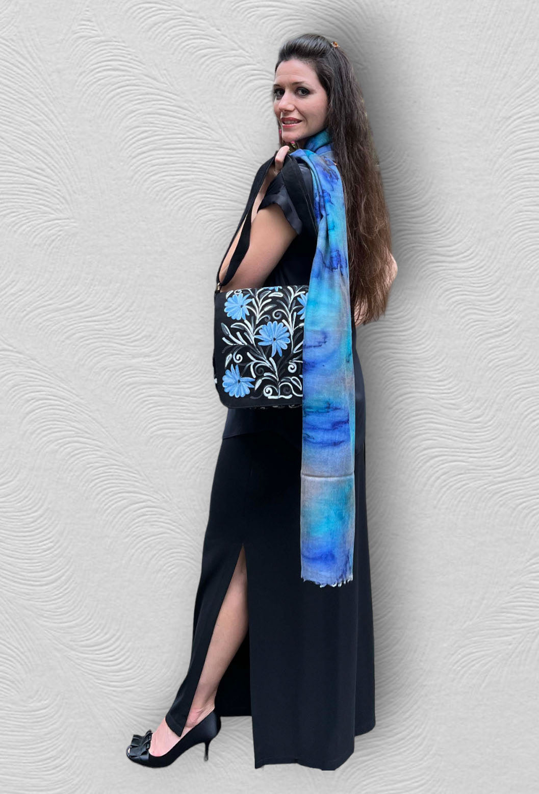 Handmade Blue Black Suede Embroidered Messenger Bag Boho Style Large - Rosetta Creative Boutique