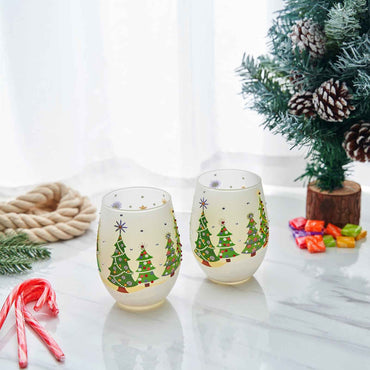 Christmas Tree Holiday Themed Wine & Water Glasses - Set of 2 - Shining Red Green Yellow Silver, Holidays Parties Santa Gifts Glassware - Xmas Trees - 17.5oz - New years Eve Festive Glass - Stemless