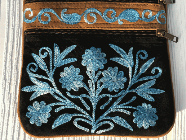 Embroidered Blue Black Suede Cross Body Bag With Adjustable Strap & 5 Zip Pockets - Rosetta Creative Boutique