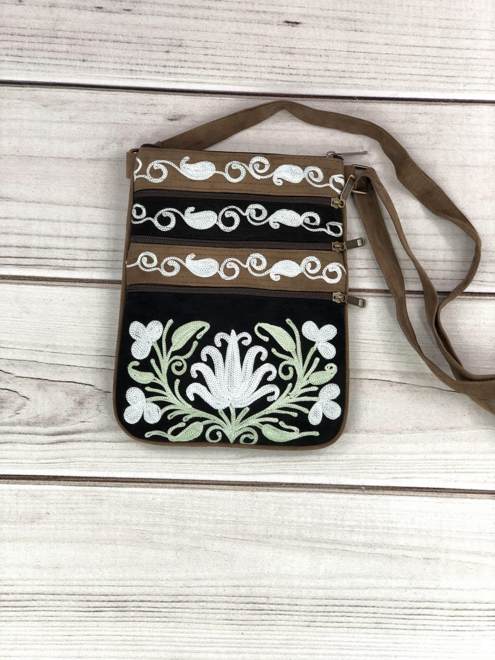 Mint Green Suede Crossbody Bag Embroidered 5 Zipper Pockets Handmade - Rosetta Creative Boutique