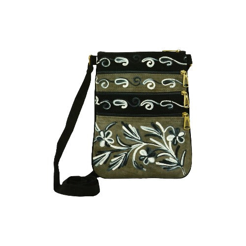 Suede Embroidered Cross Body Bag Dark Brown Black 5 Zippers - Rosetta Creative Boutique