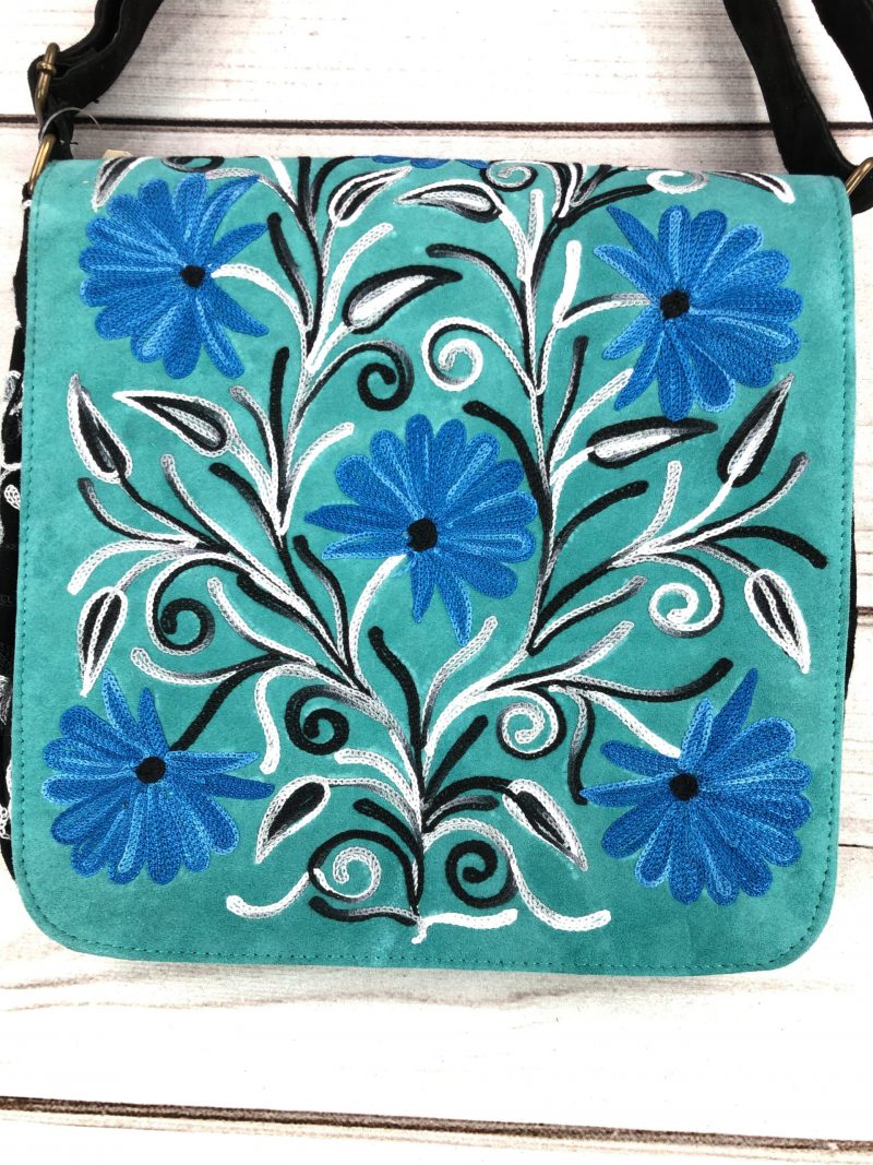 Handmade Blue And Green Suede Embroidered Messenger Bag - Rosetta Creative Boutique