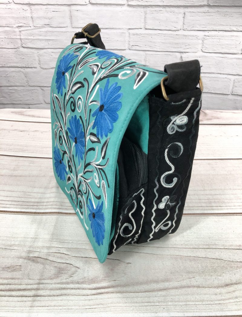 Handmade Blue And Green Suede Embroidered Messenger Bag - Rosetta Creative Boutique