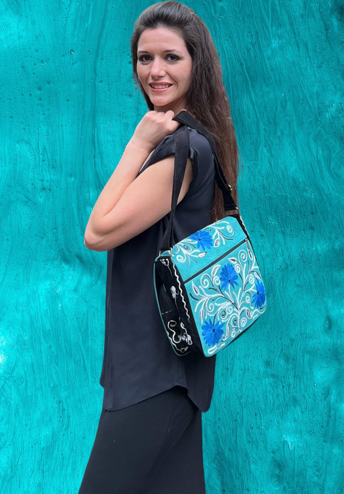 Handmade Blue And Green Suede Embroidered Messenger Bag - Rosetta Creative Boutique