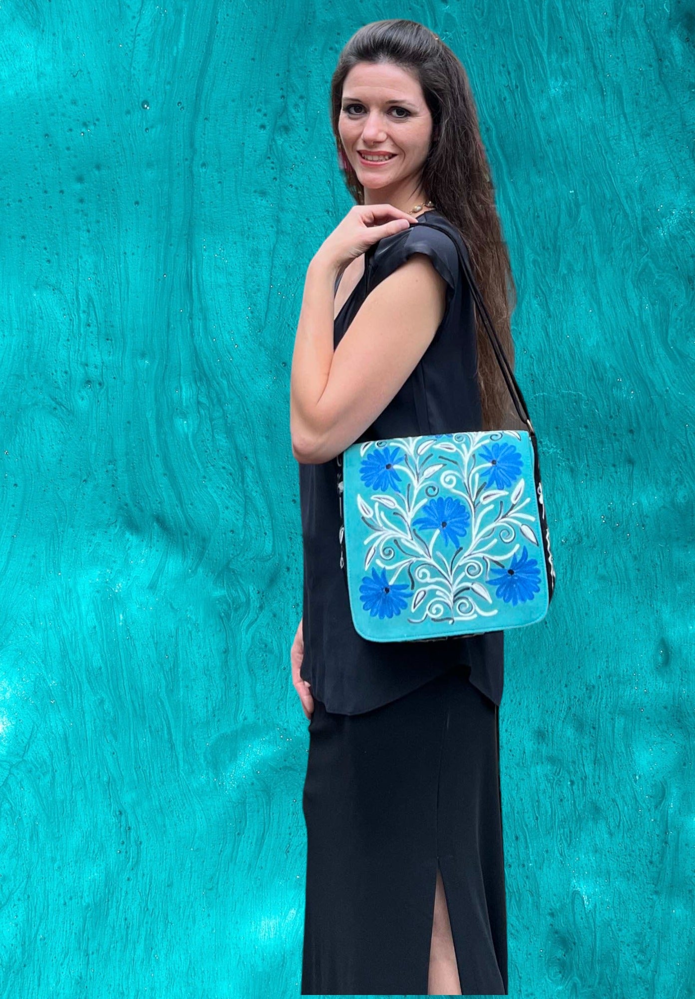 Handmade Blue And Green Suede Embroidered Messenger Bag - Rosetta Creative Boutique