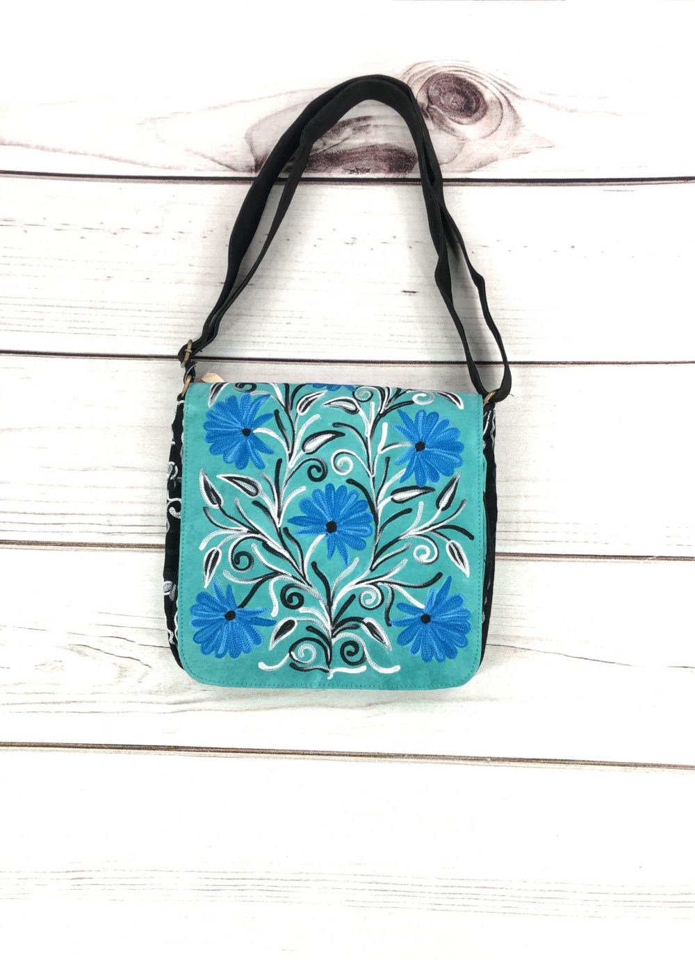 Handmade Blue And Green Suede Embroidered Messenger Bag - Rosetta Creative Boutique