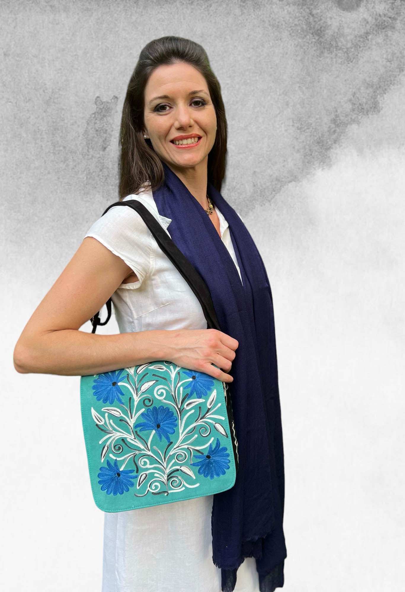 Handmade Blue And Green Suede Embroidered Messenger Bag - Rosetta Creative Boutique