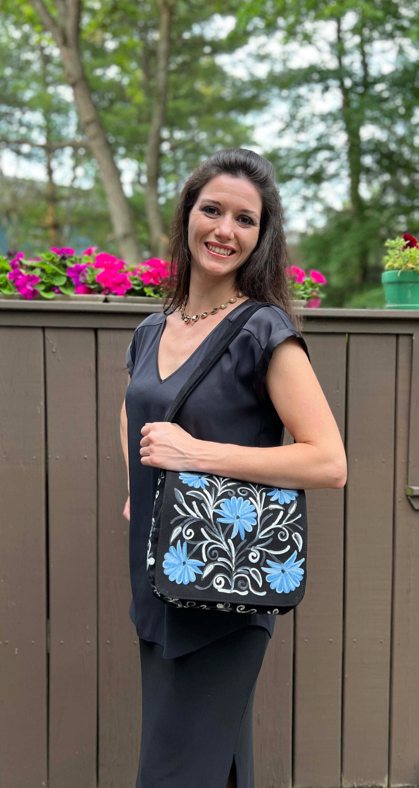 Handmade Blue Black Suede Embroidered Messenger Bag Boho Style Large - Rosetta Creative Boutique