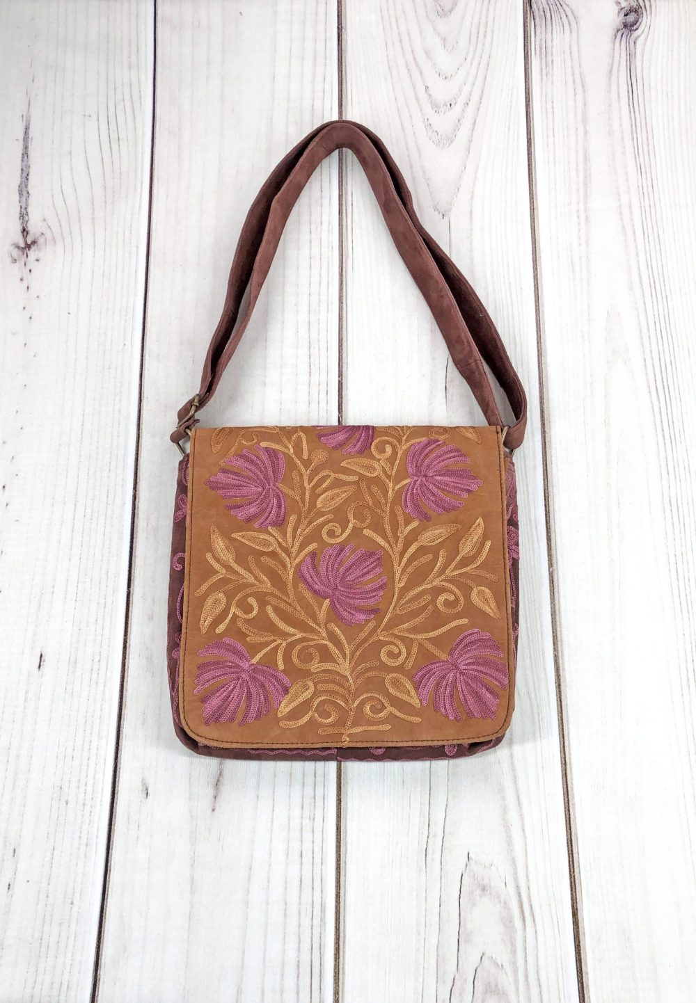 Handmade Beige and Mauve Suede Embroidered Messenger Bag - Rosetta Creative Boutique