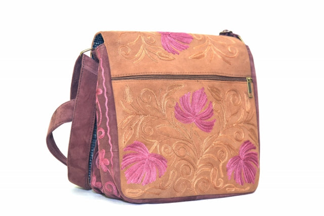 Handmade Beige and Mauve Suede Embroidered Messenger Bag - Rosetta Creative Boutique
