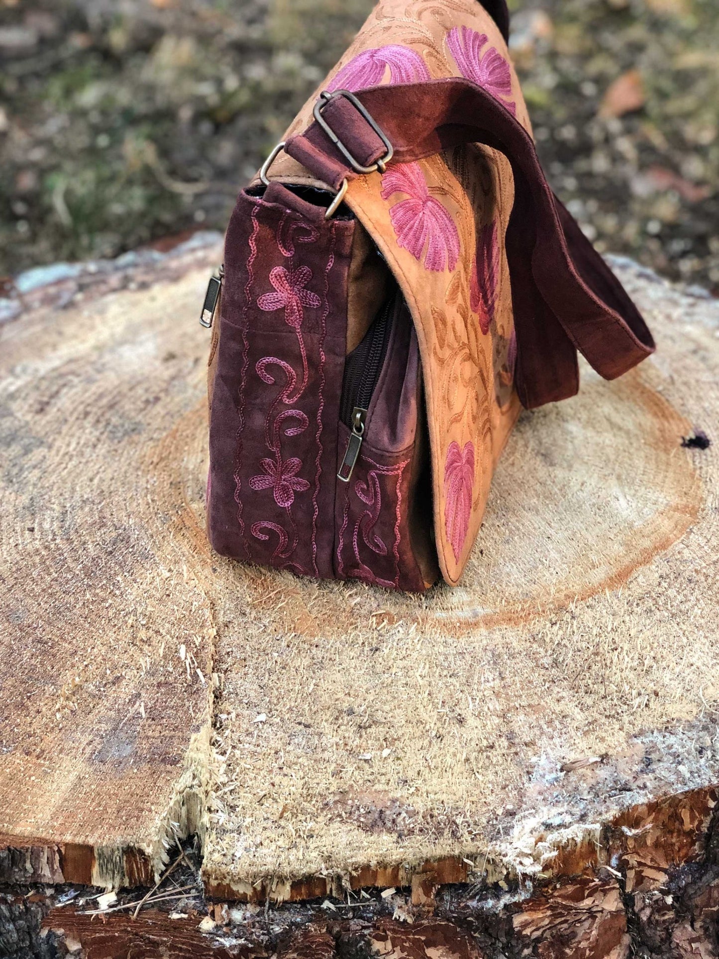 Handmade Beige and Mauve Suede Embroidered Messenger Bag - Rosetta Creative Boutique