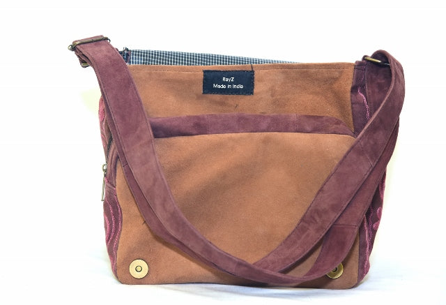 Handmade Beige and Mauve Suede Embroidered Messenger Bag - Rosetta Creative Boutique