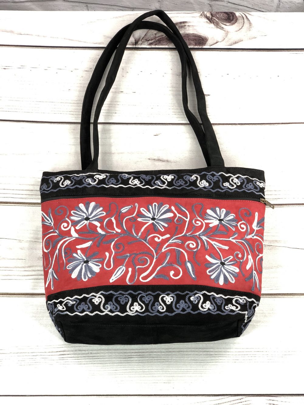 Handmade Red Black Suede Embroidered Tote Bag Luxury Florals - Rosetta Creative Boutique