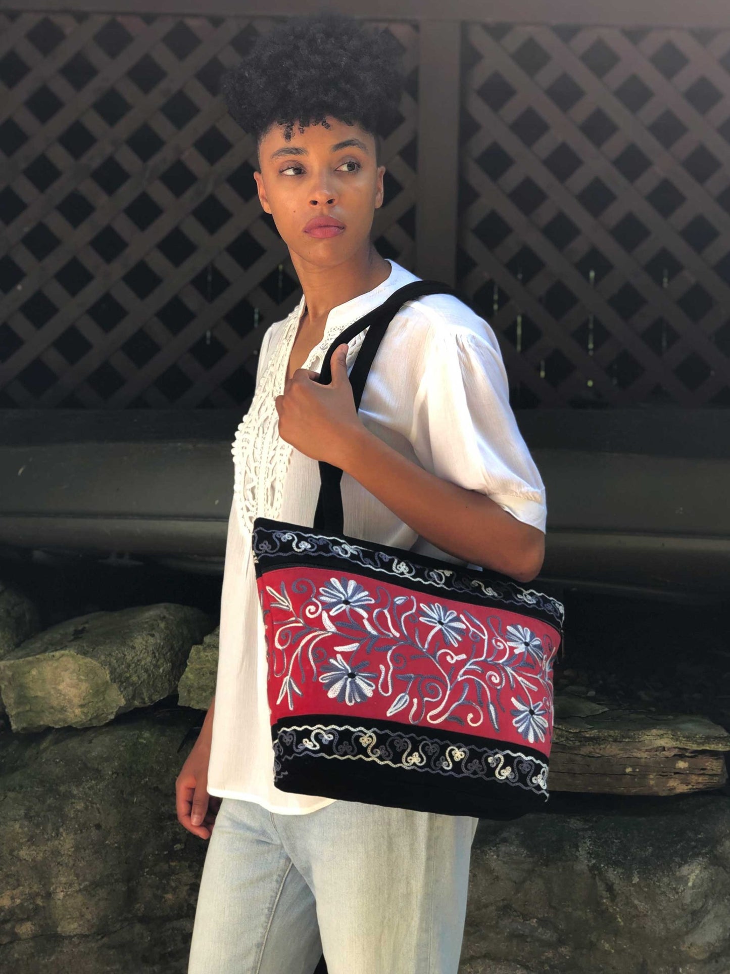 Handmade Red Black Suede Embroidered Tote Bag Luxury Florals - Rosetta Creative Boutique