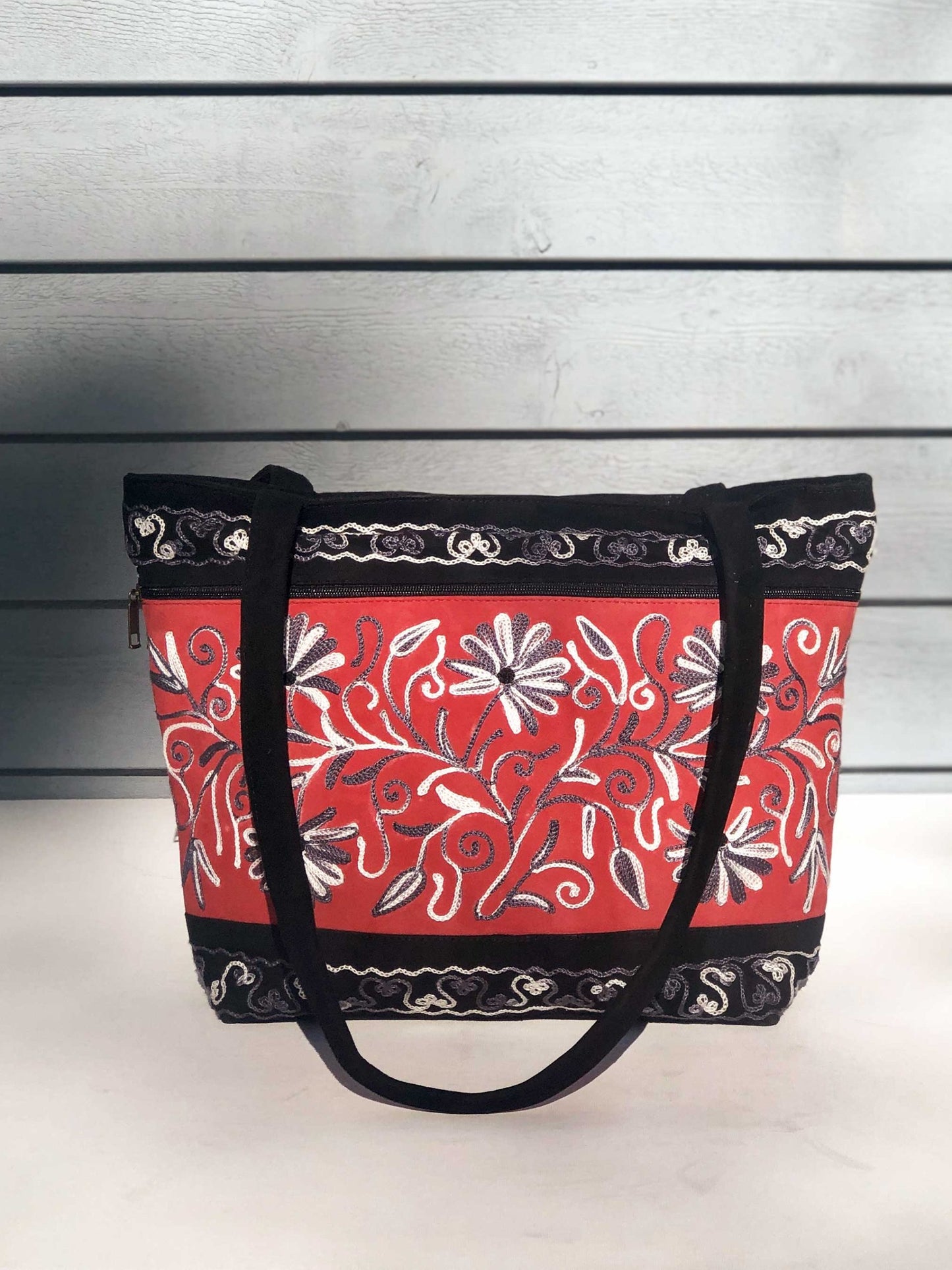 Handmade Red Black Suede Embroidered Tote Bag Luxury Florals - Rosetta Creative Boutique
