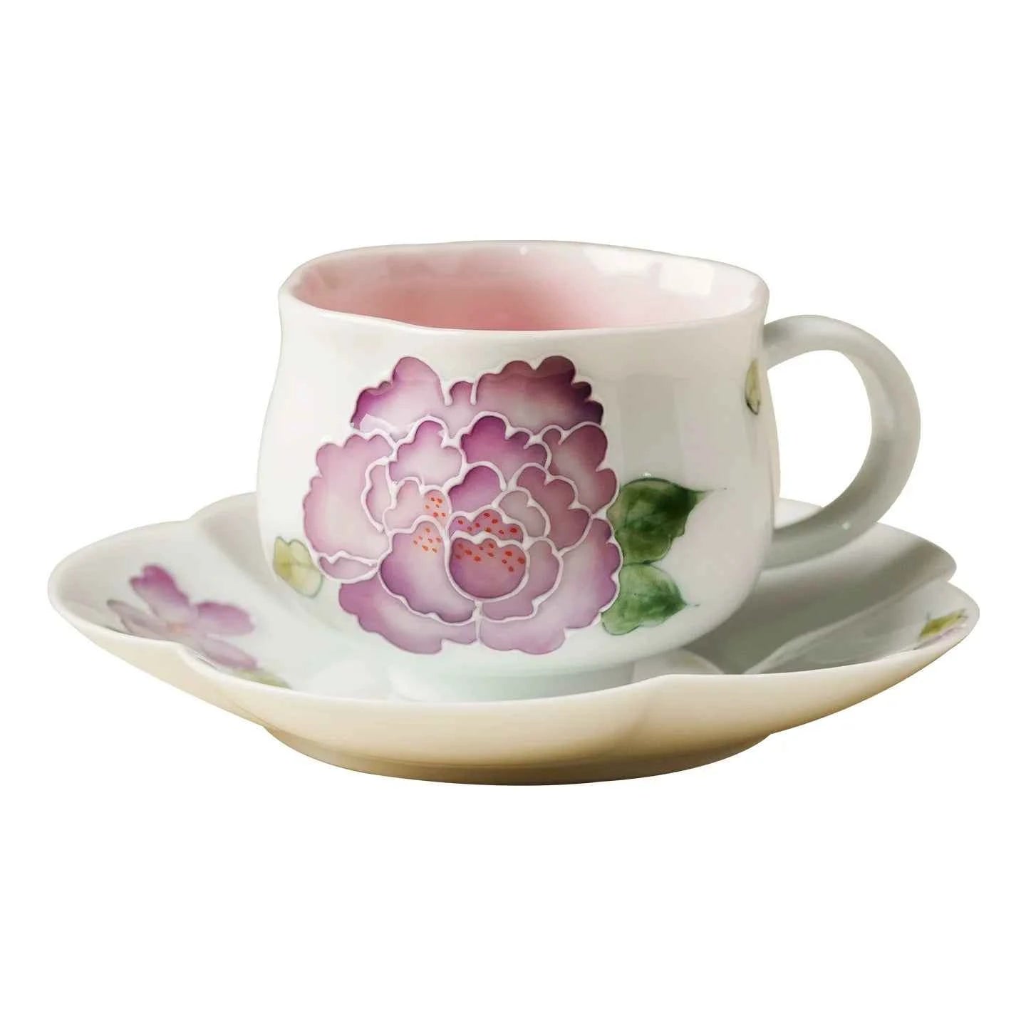 Hand-Painted Purple Peony Porcelain Teacup & Saucer Set – Elegant Floral Ceramic Cup for Tea or Coffee