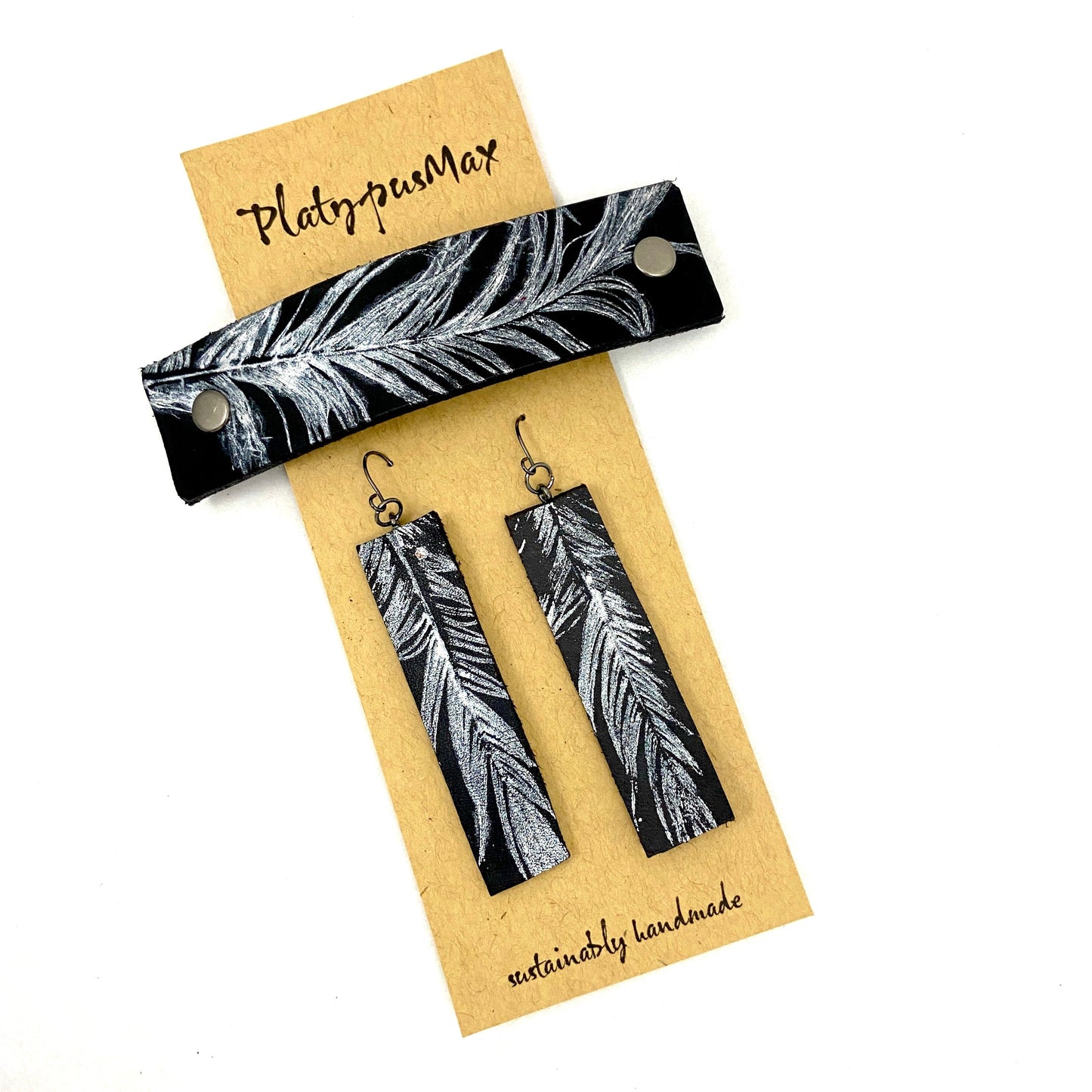 Silver Feather Black Leather Barrette And Earring Gift Set - Rosetta Creative Boutique