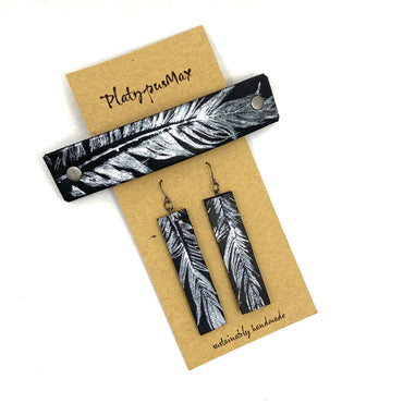 Silver Feather Black Leather Barrette And Earring Gift Set - Rosetta Creative Boutique