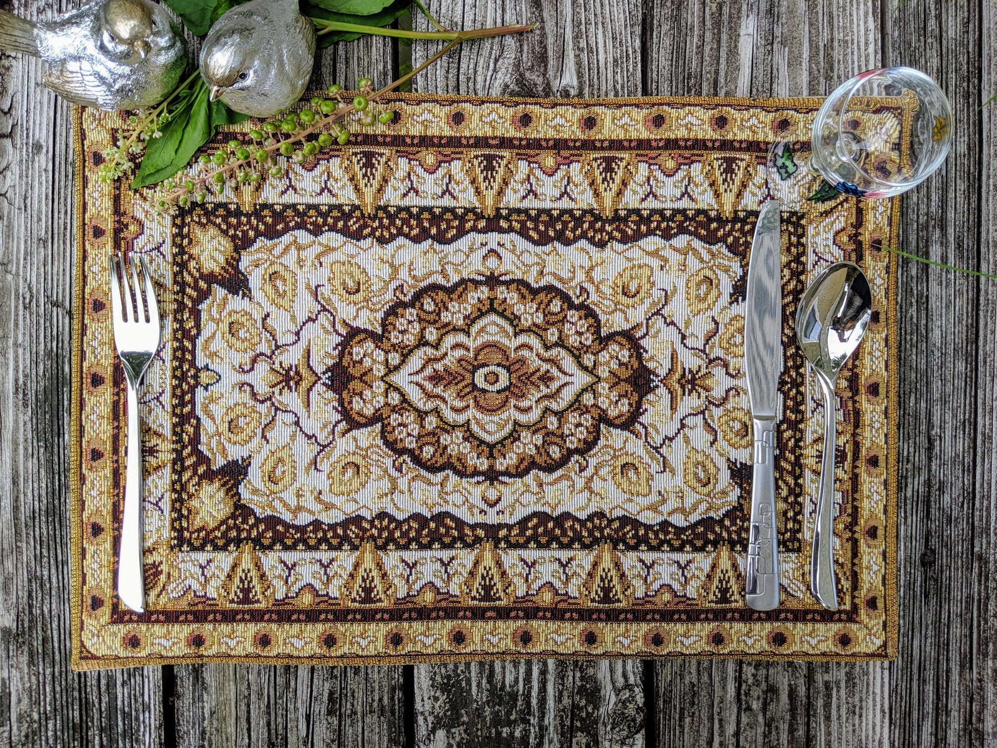 DaDa Bedding Set of 4-6 Pieces Royal Persian Style Rug Golden Brown Floral Tapestry Placemats 13” x 19” (18119)-4