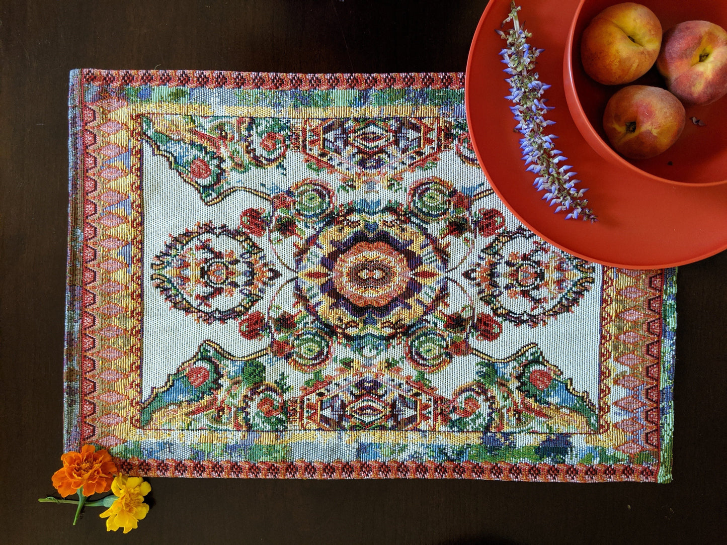 Tache Elegant Coral Colorful Ornate Paisley Woven Tapestry Placemat Set (18193)-2