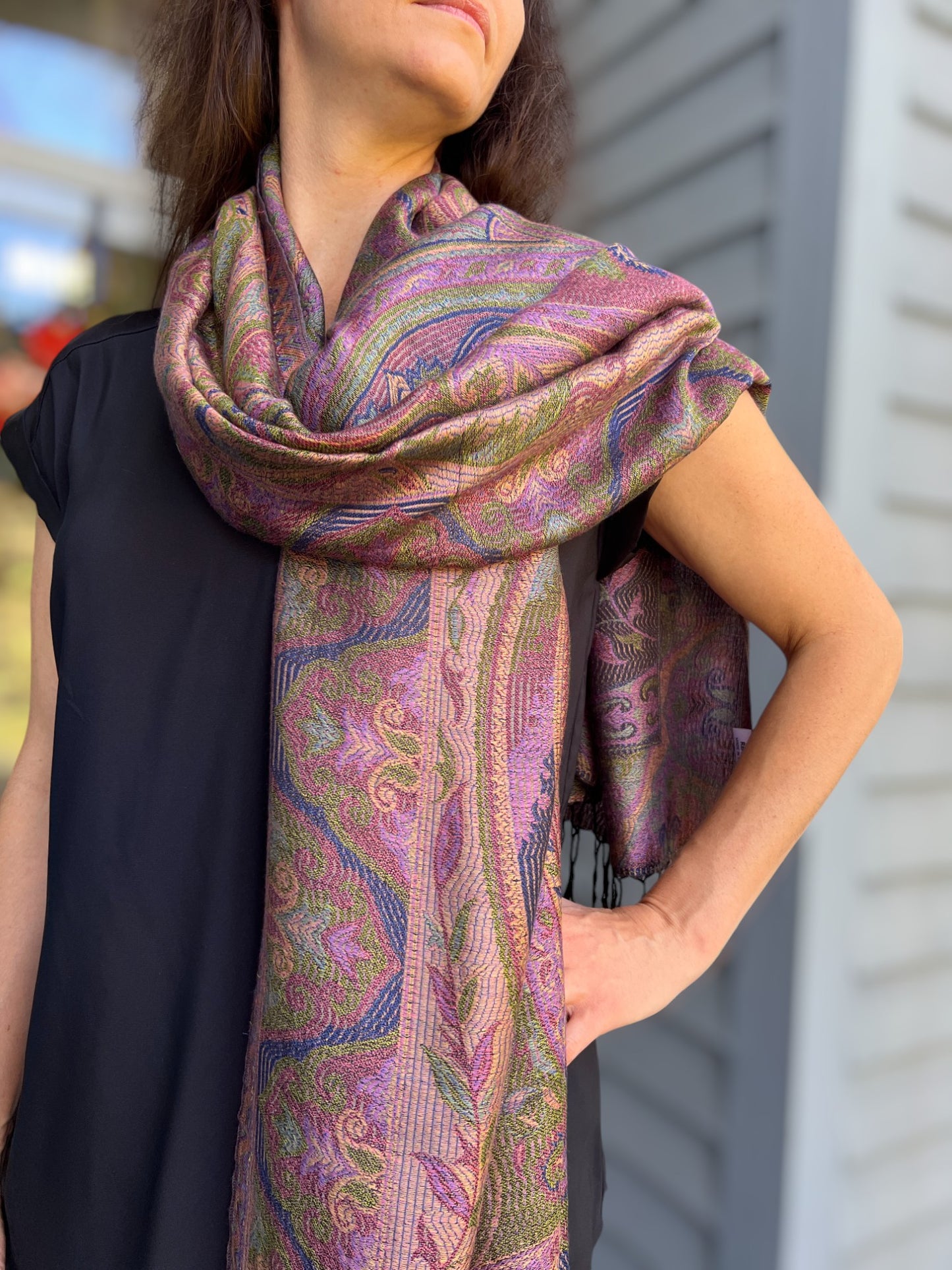 Green Purple Modal Jamawar Pashmina Scarf With Fringes - Rosetta Creative Boutique