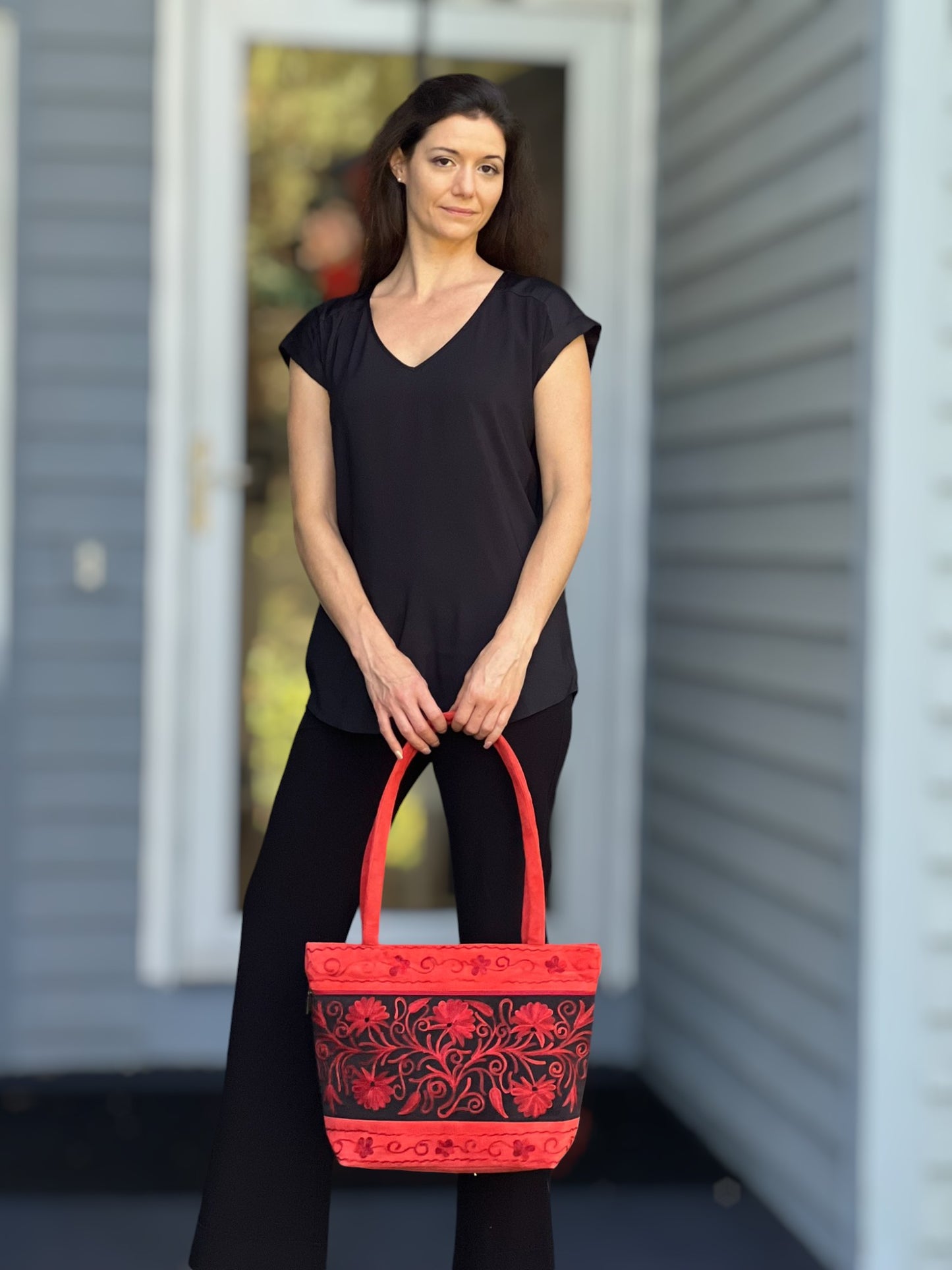 Handmade Red Suede Embroidered Tote Bag Floral Pattern - Rosetta Creative Boutique