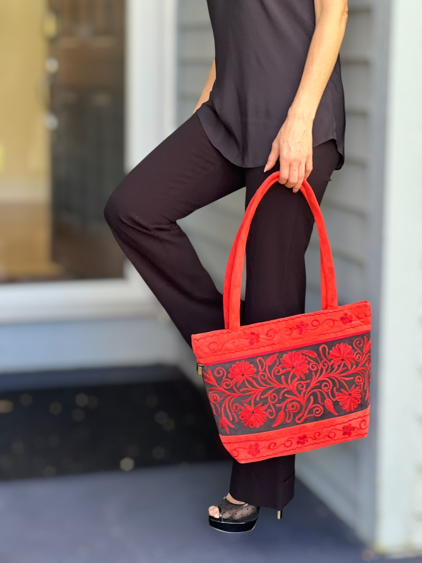 Handmade Red Suede Embroidered Tote Bag Floral Pattern - Rosetta Creative Boutique