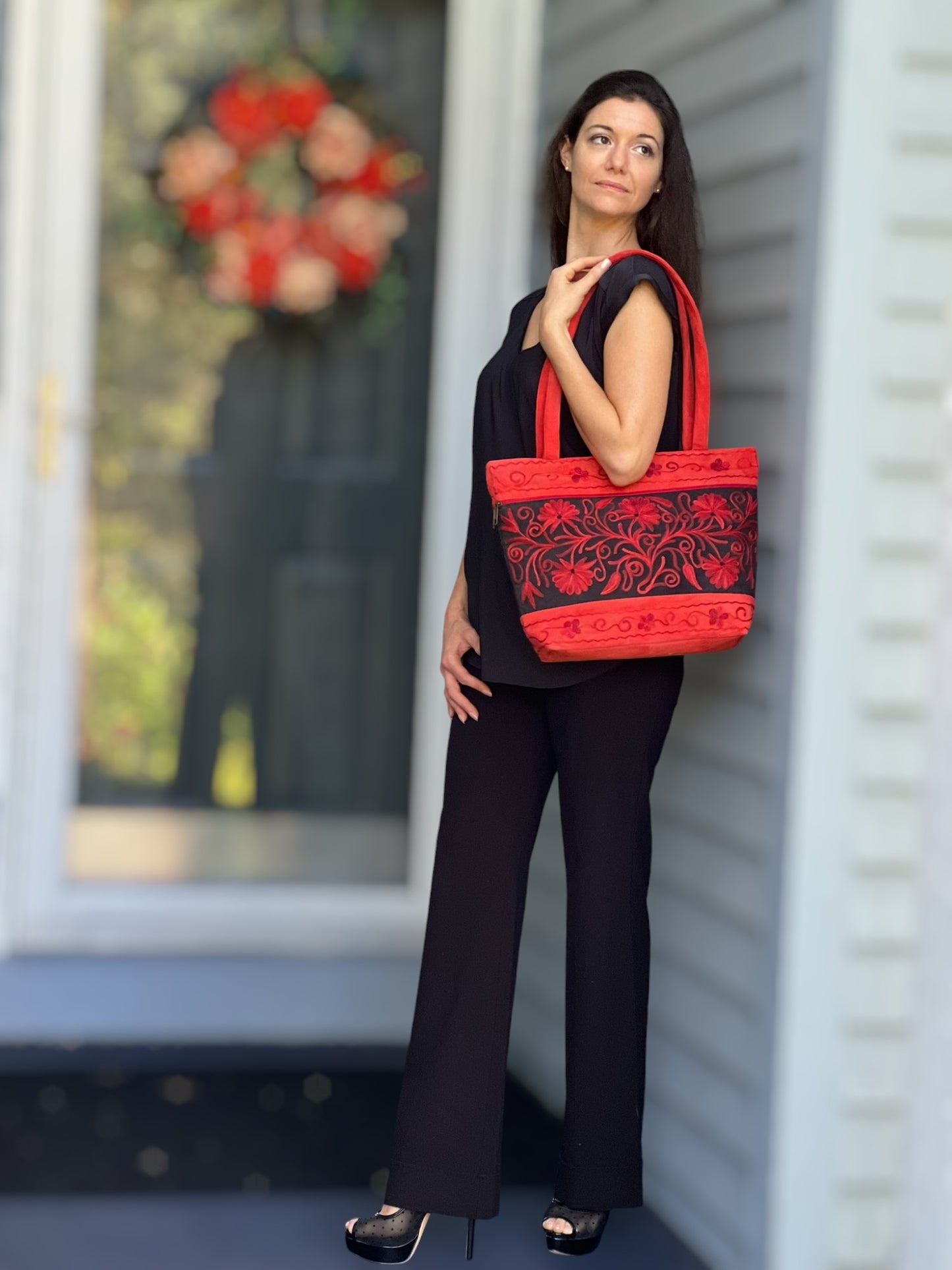Handmade Red Suede Embroidered Tote Bag Floral Pattern - Rosetta Creative Boutique