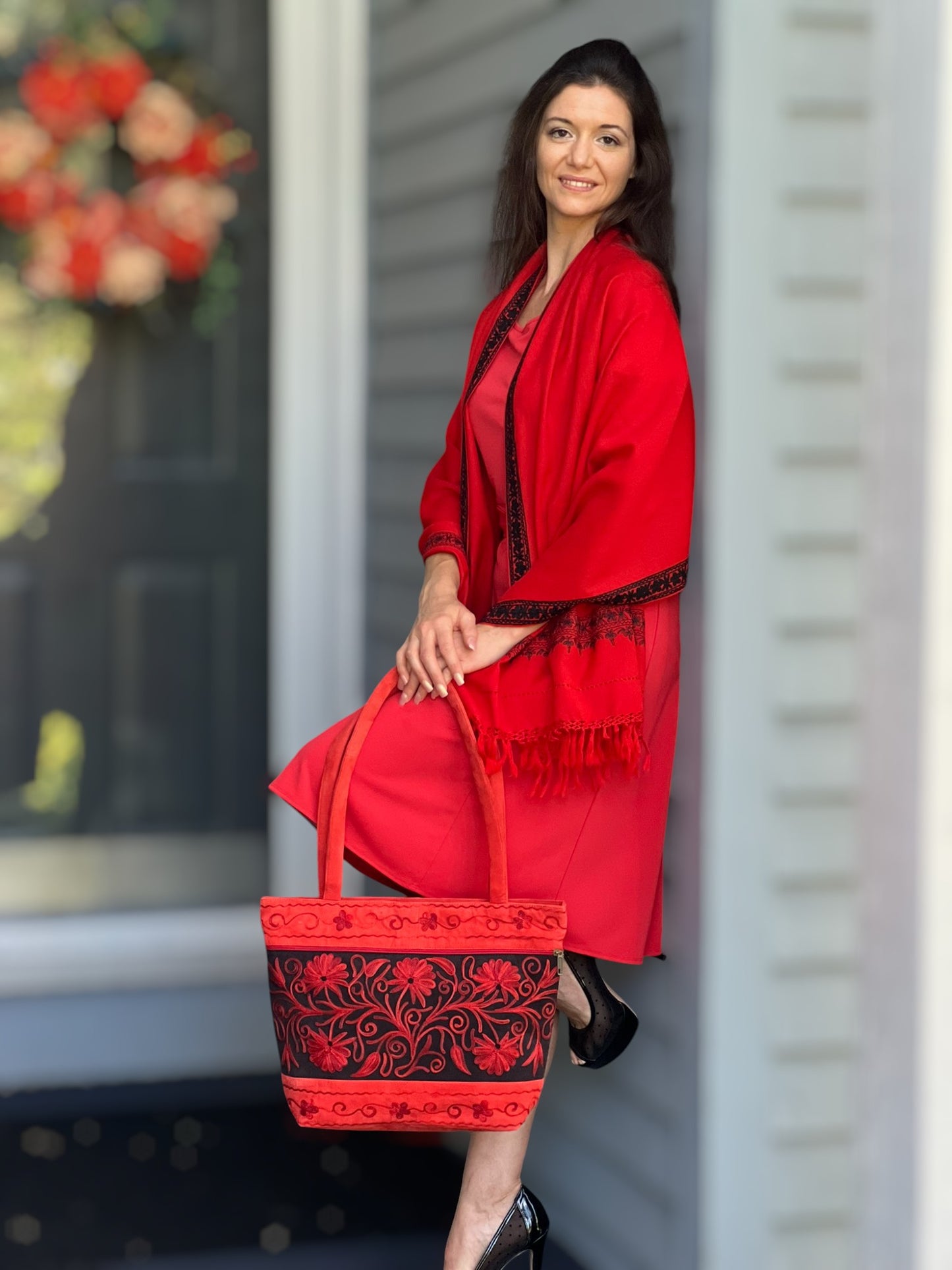 Handmade Red Suede Embroidered Tote Bag Floral Pattern - Rosetta Creative Boutique