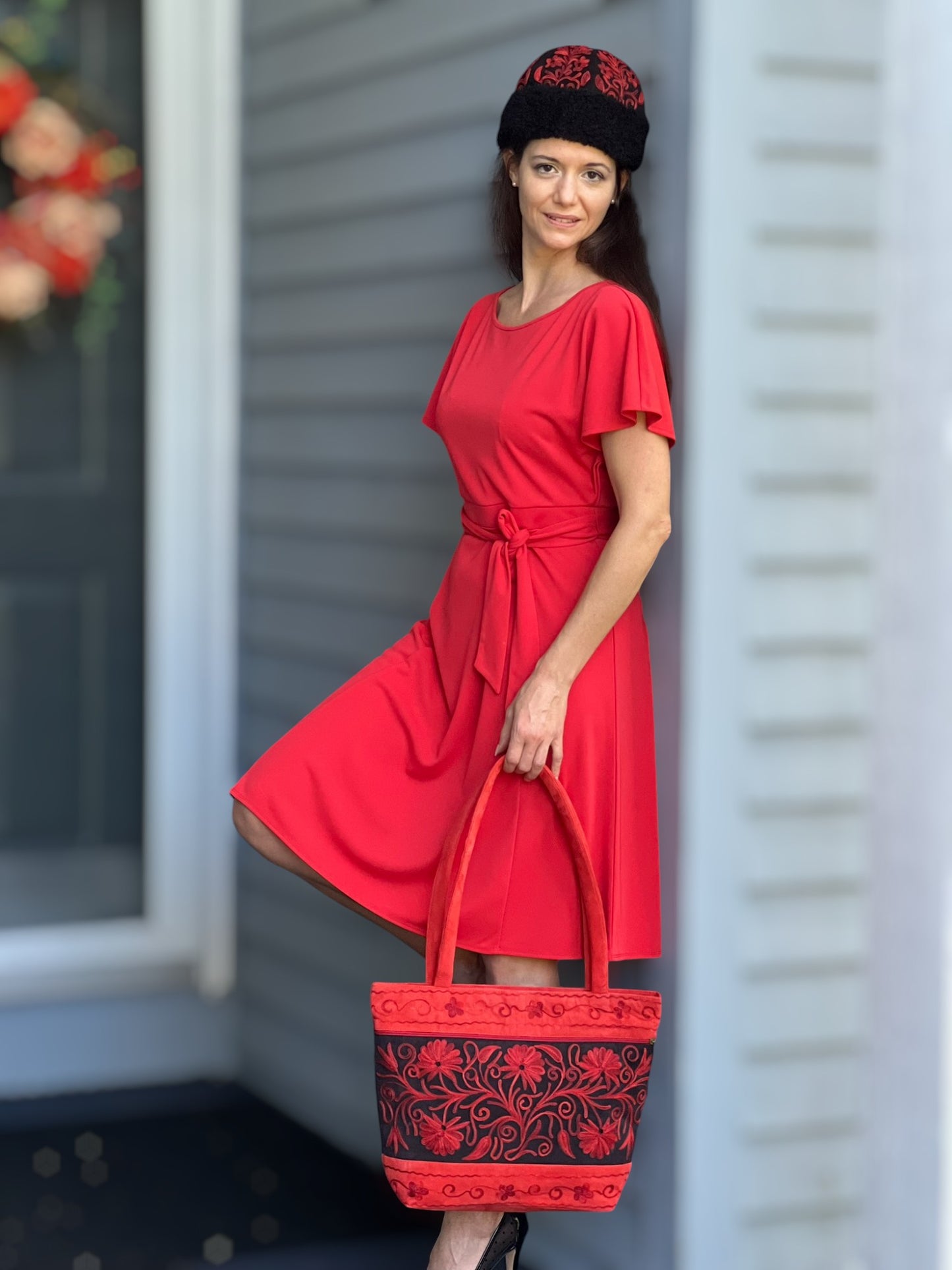 Handmade Red Suede Embroidered Tote Bag Floral Pattern - Rosetta Creative Boutique